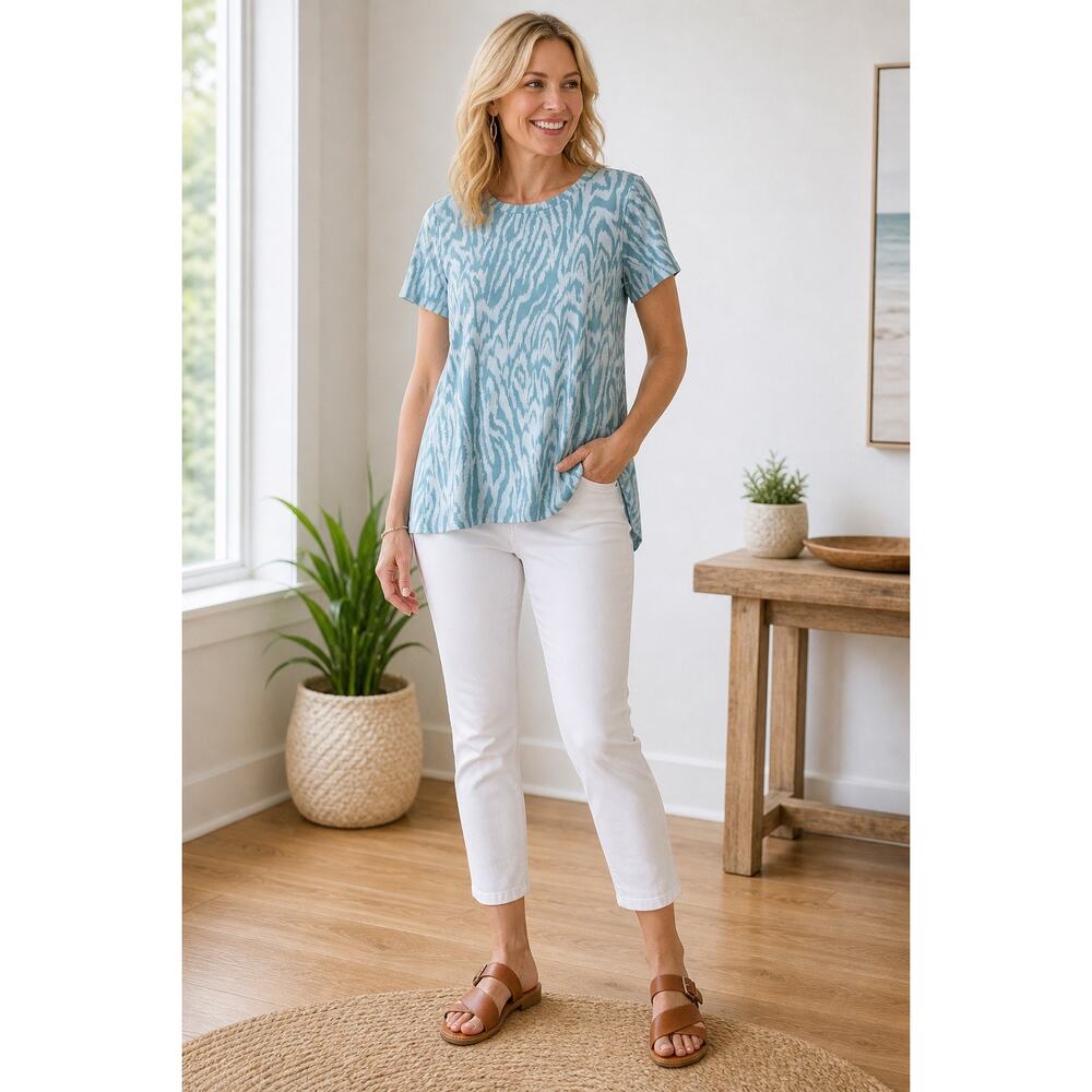 Bobeau Nordstrom Zebra Print Tunic Top Blue Short Sleeve Stretch L